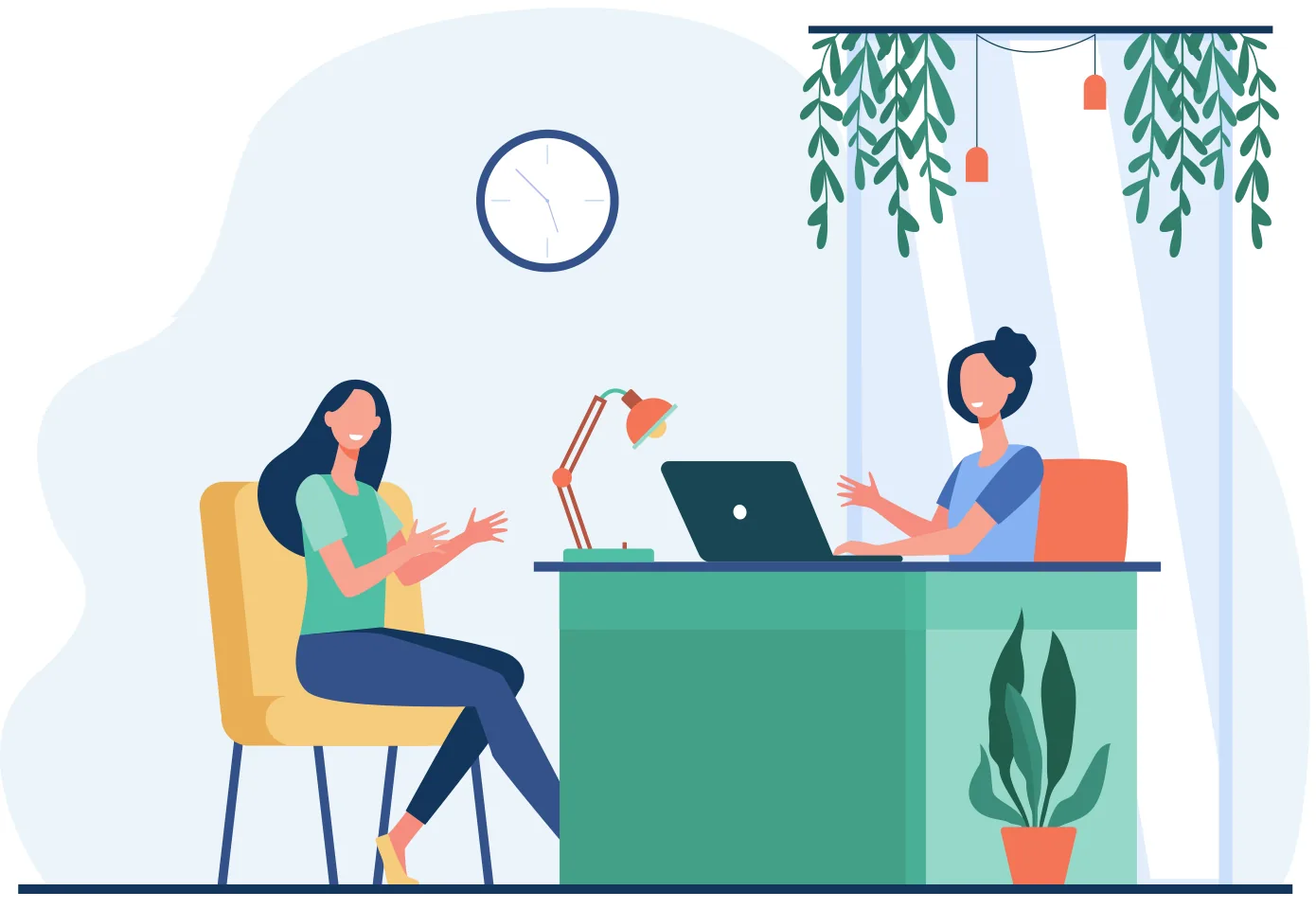Illustration of a recruiter in conversation with a candidate at a desk